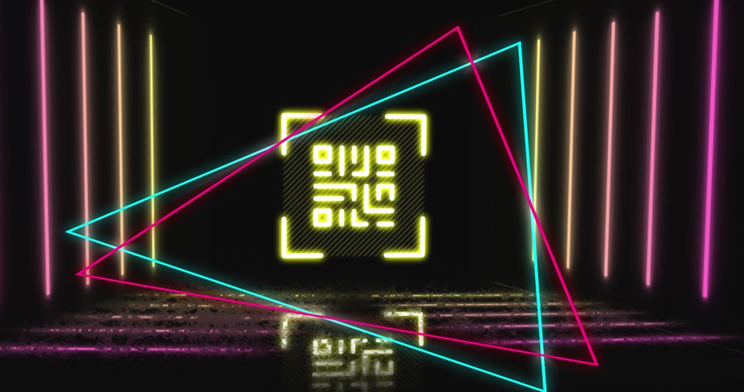 Illuminated QR Code with Neon Geometric Triangles in a Dark Room