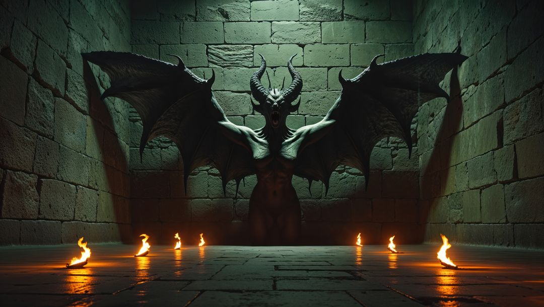 Mythical Demon with Wings in Dark Underground Chamber