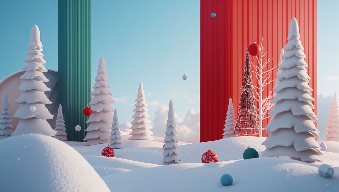 Winter Wonderland with Abstract Pine Sculptures and Festive Ornaments