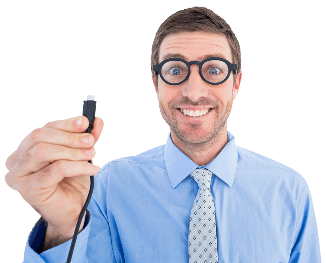 Smiling Man Holding USB Cord Transparent Background