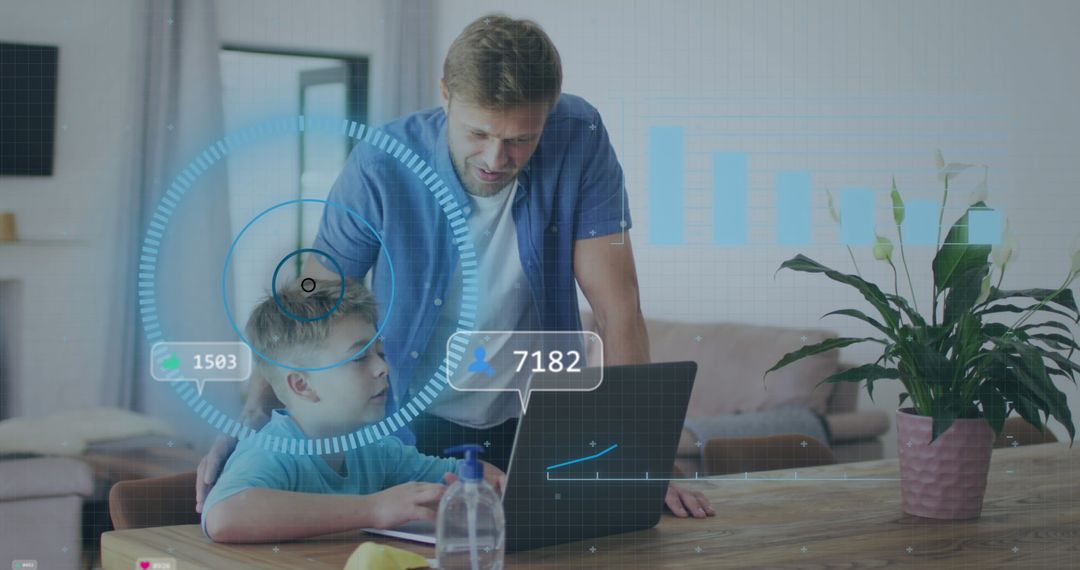 Father and Son Analyzing Data on Laptop with Futuristic Interface