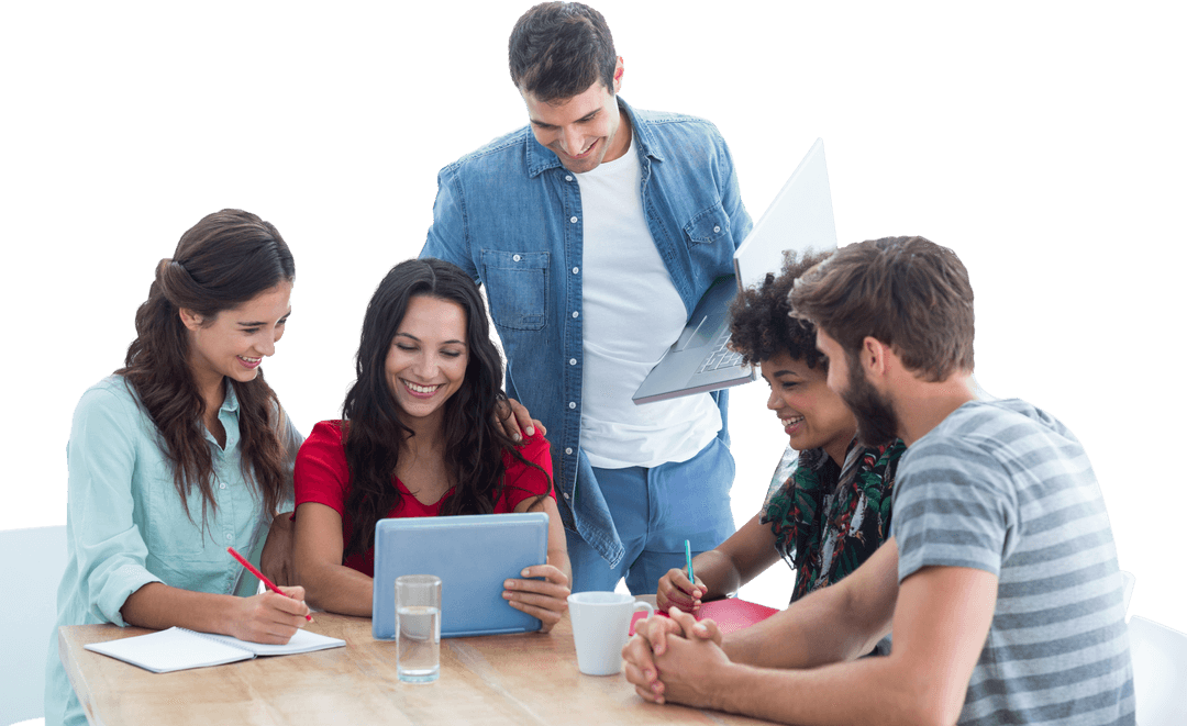 Team Collaborating with Digital Tablet and Laptop Meeting