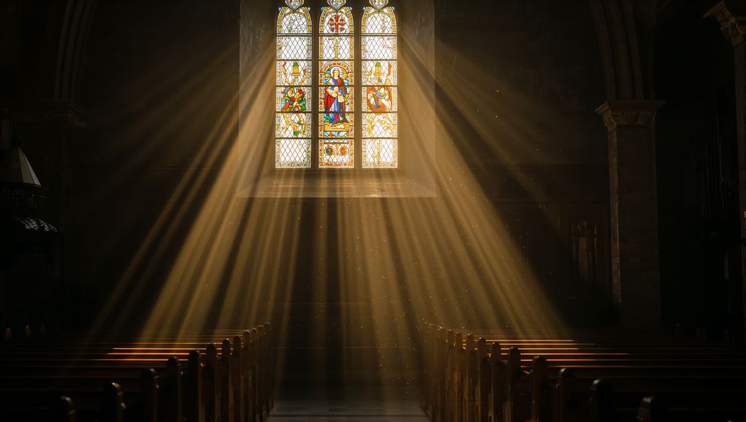 Sunbeams Streaming Through Stained Glass Window Lighting Church Aisle and Dust Particles