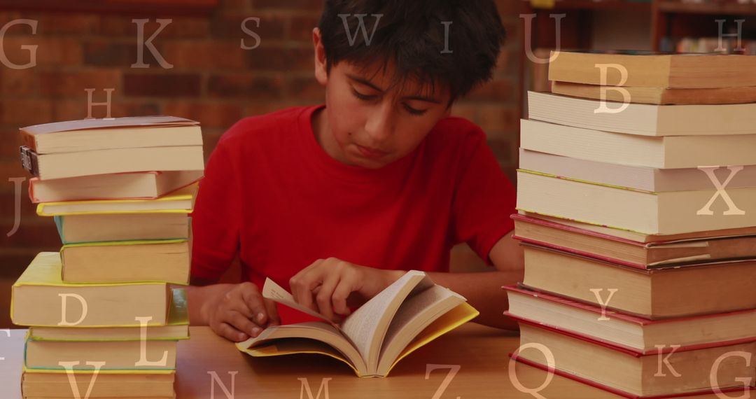 Young Boy Immersed in Reading Surrounded by Books