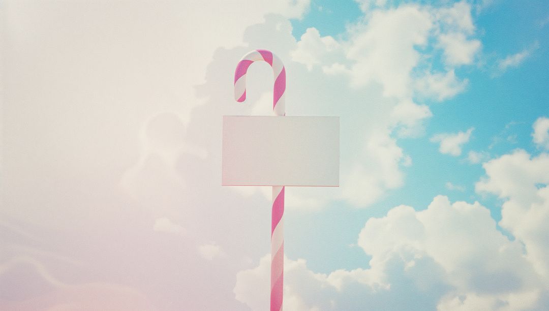Blank Candy Cane Signpost Against Pastel Sky with Clouds