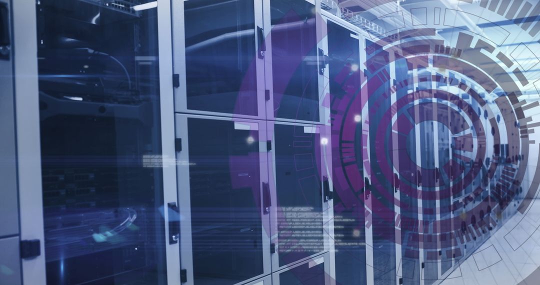 Network Datacenter with Futuristic Digital Interface Overlay