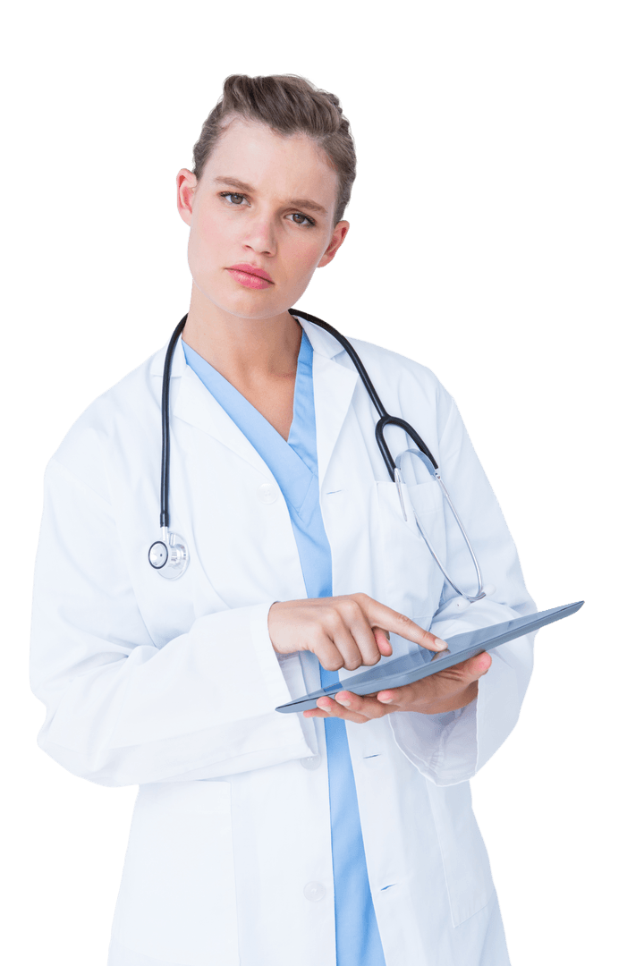 Curious Female Doctor Using Tablet Transparent Background