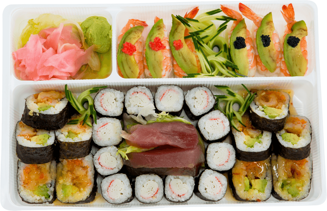 Assorted Sushi with Shrimp Avocado Roll on Transparent Plate
