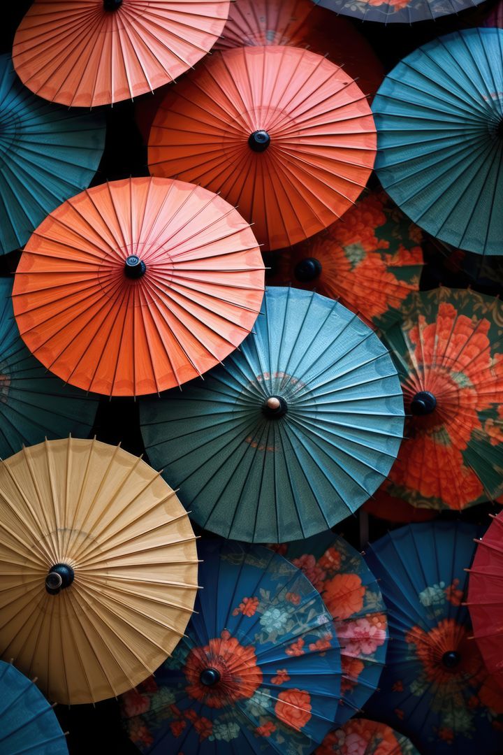 Colourful chinese umbrellas with floral patterns, created using generative ai technology - Free Images, Stock Photos and Pictures on Pikwizard.com