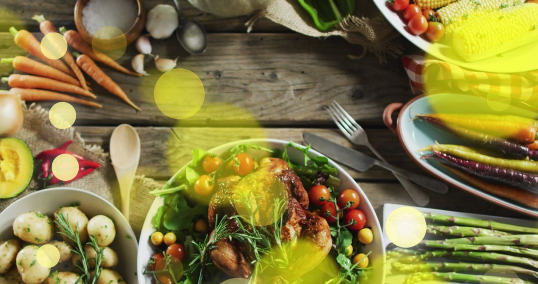 Autumn Harvest Meal Table Arrangement with Digital Bokeh Effect