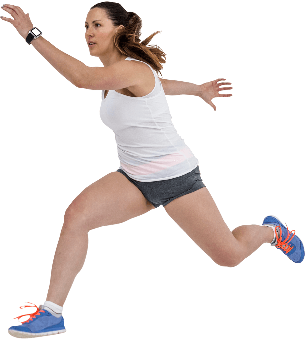Caucasian Female Runner Sprinting Forward on Transparent Background