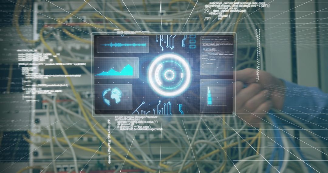 Digital Data Processing Screen Over Engineer Handling Cables