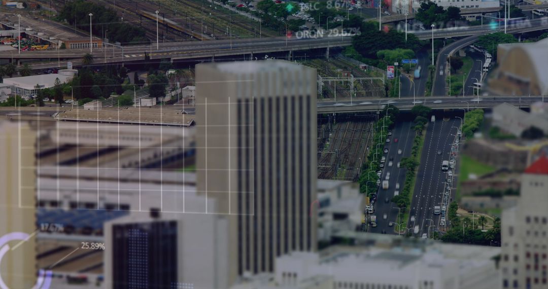 Digital Data Overlay on Urban Cityscape Depicting Financial Trends