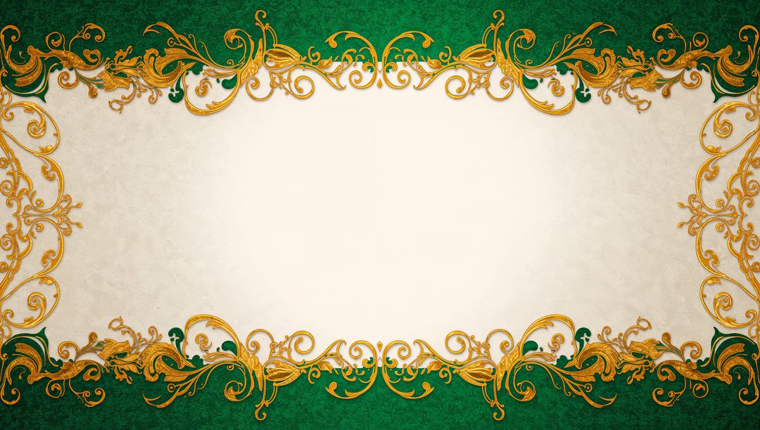 Vintage Gold Filigree Frame with Parchment Center and Emerald Green Borders for Invitations