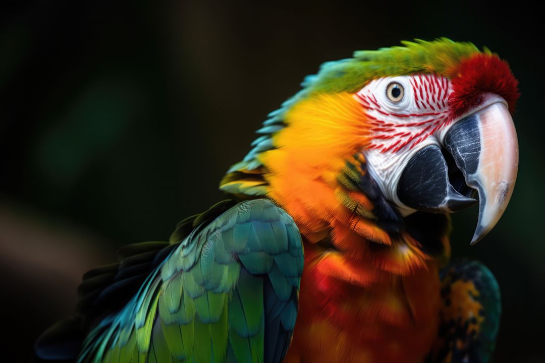 Close up of tropical parrot on dark background, created using generative ai technology - Free Images, Stock Photos and Pictures on Pikwizard.com