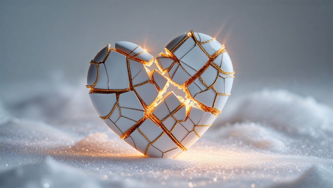 Luxury heart fracture with golden fissures on fine granules, forgiveness symbol