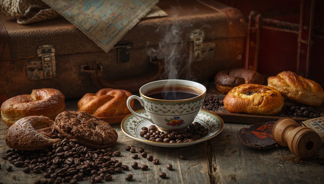 Rustic Coffee Setup with Pastries and Vintage Items