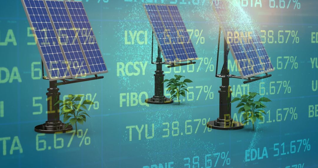 Futuristic Solar Panels with Ticker Data Illustrating Renewable Investment