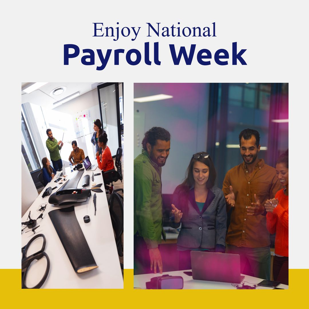 Team Celebrating National Payroll Week with Laptops in Office
