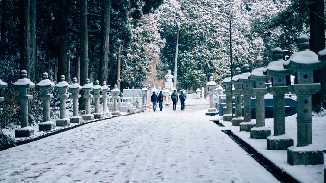 People Walking on Snowy Pathway Lined with Stone Lanterns - Free Images, Stock Photos and Pictures on Pikwizard.com