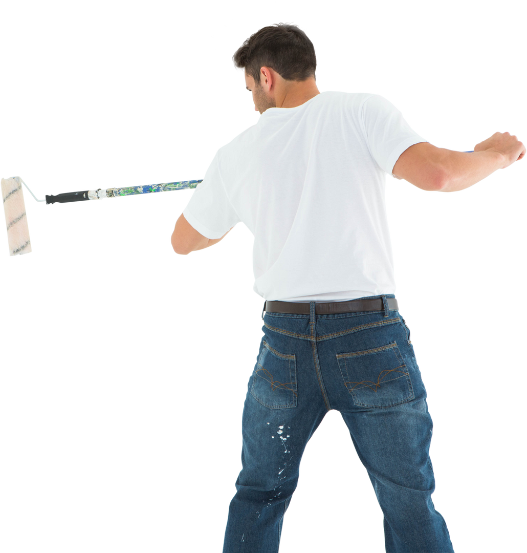 Rear view of man using paint roller wearing casual attire on transparent background - Download Free Stock Images Pikwizard.com