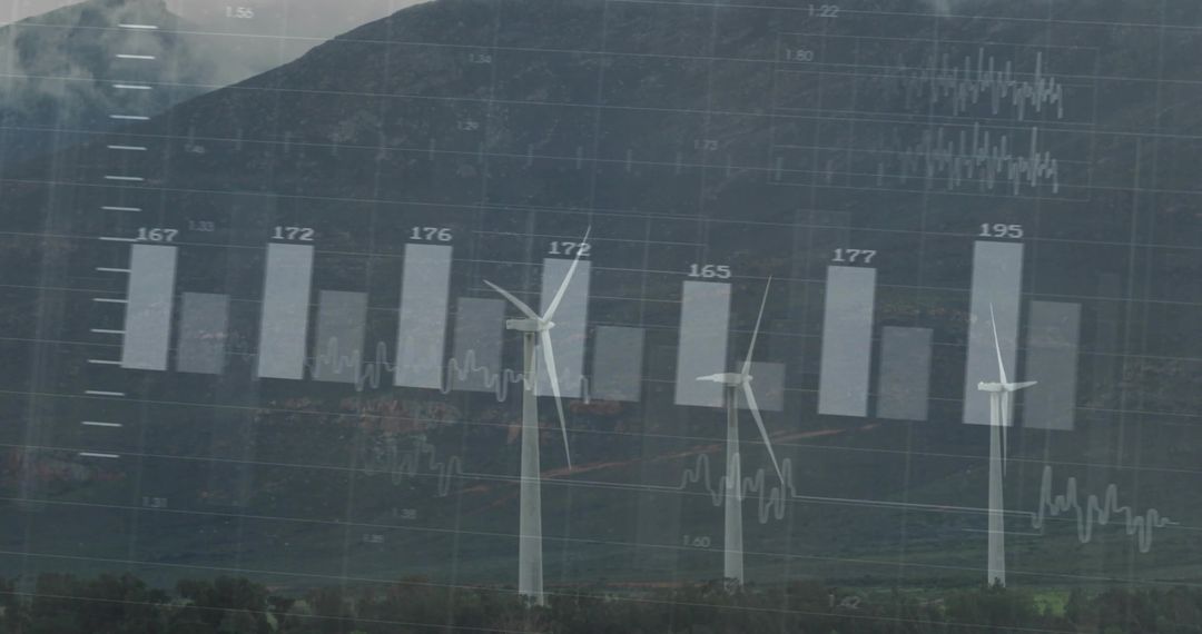 Onshore Wind Turbines Generating Power With Data Overlay Across Mountain Valley Landscape