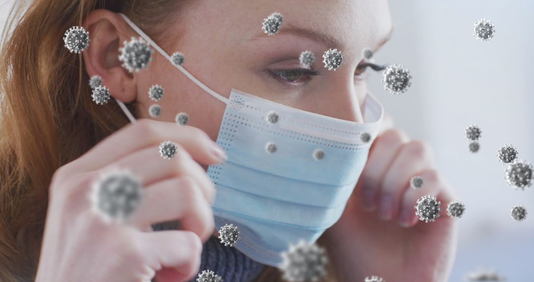 Woman Wearing Face Mask Around Floating Virus Particles