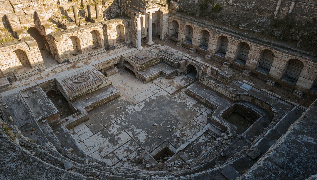 Aerial view revealing Roman bath complex ruins with paved courtyard and columns