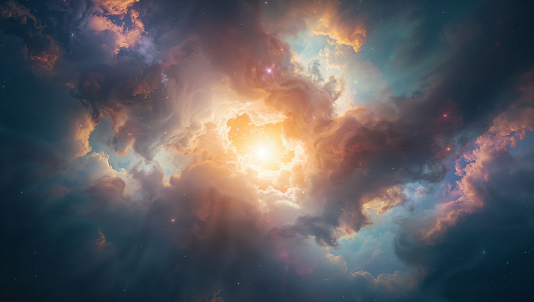 Glowing Nebula Core Radiating Golden Light Through Interstellar Gas Clouds and Filaments