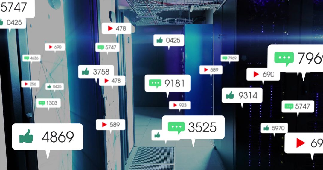 Digital Data Center with Floating Social Media Notification Icons