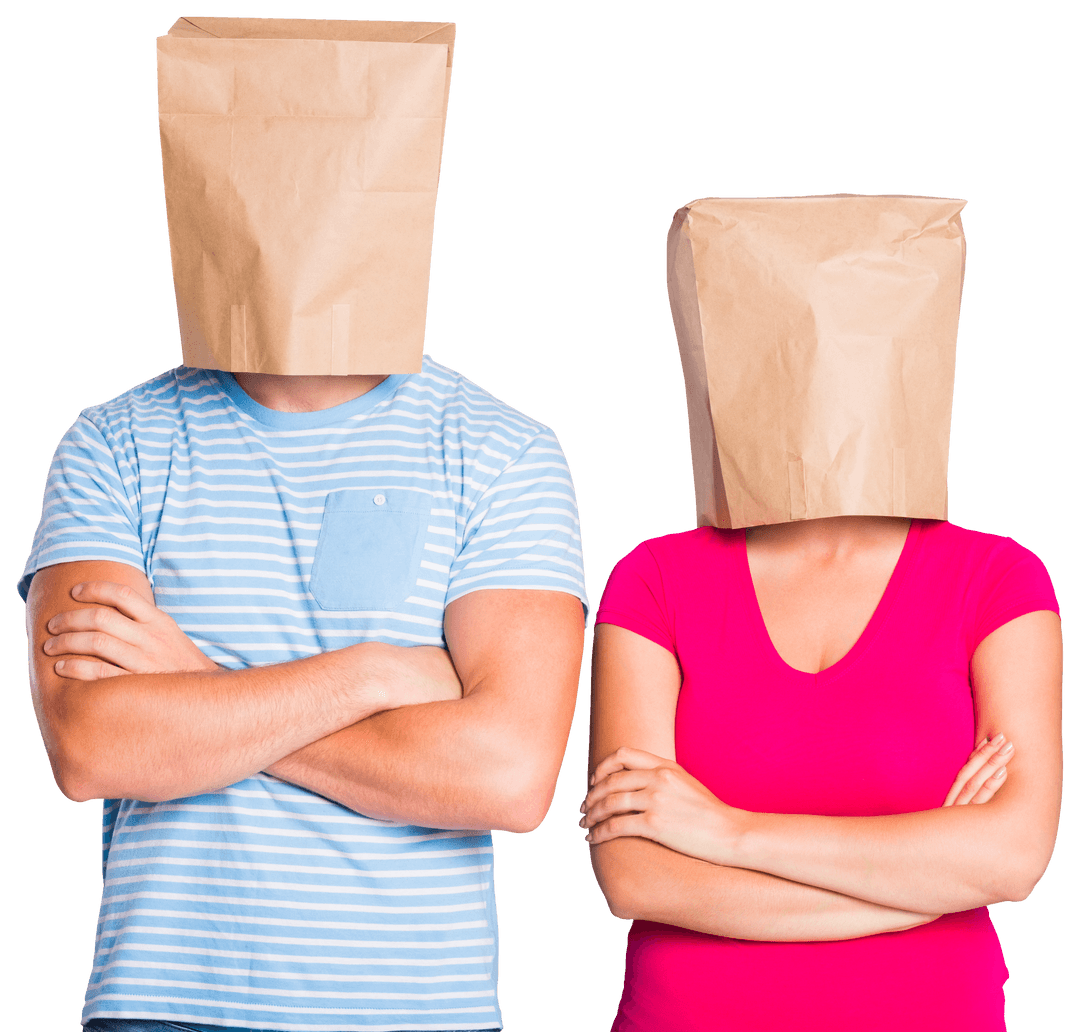 Confused Couple with Paper Bags on Heads Transparent Concept