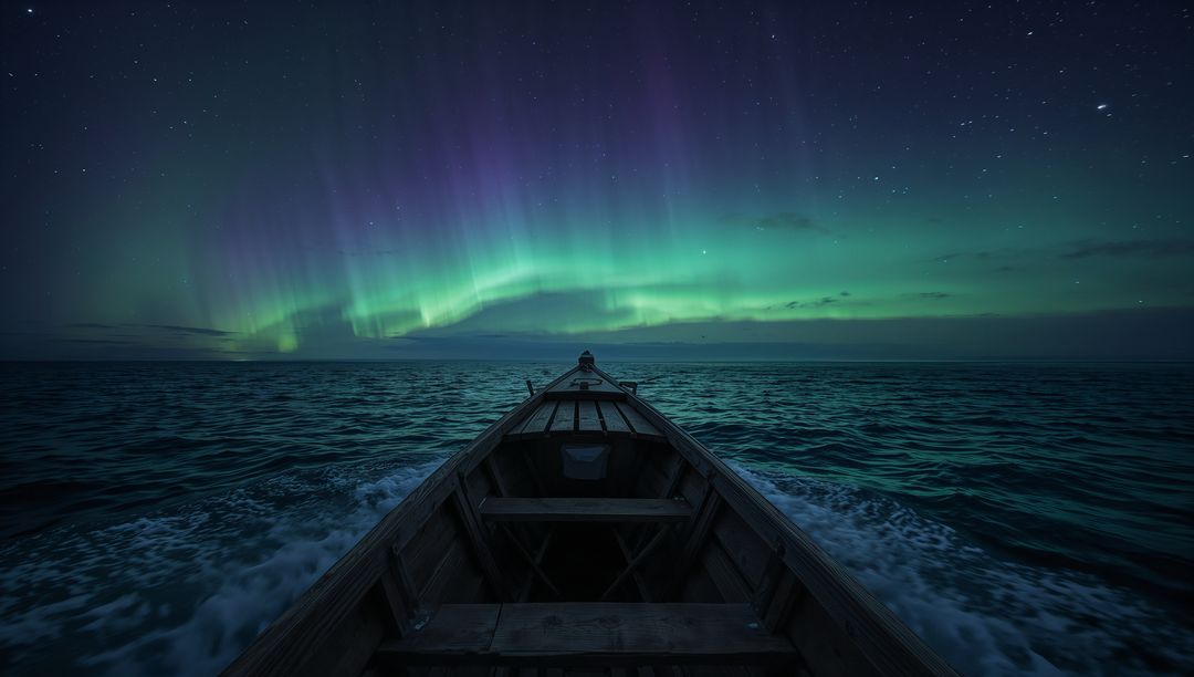 Wooden Rowboat Heading Toward Aurora Borealis Over Arctic Ocean Under Starry Sky