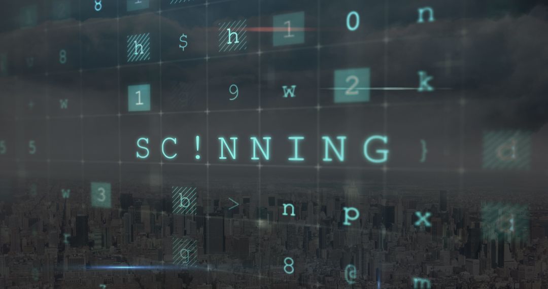 Digital Scanning Overlay on Urban Skyline, Cybersecurity Theme