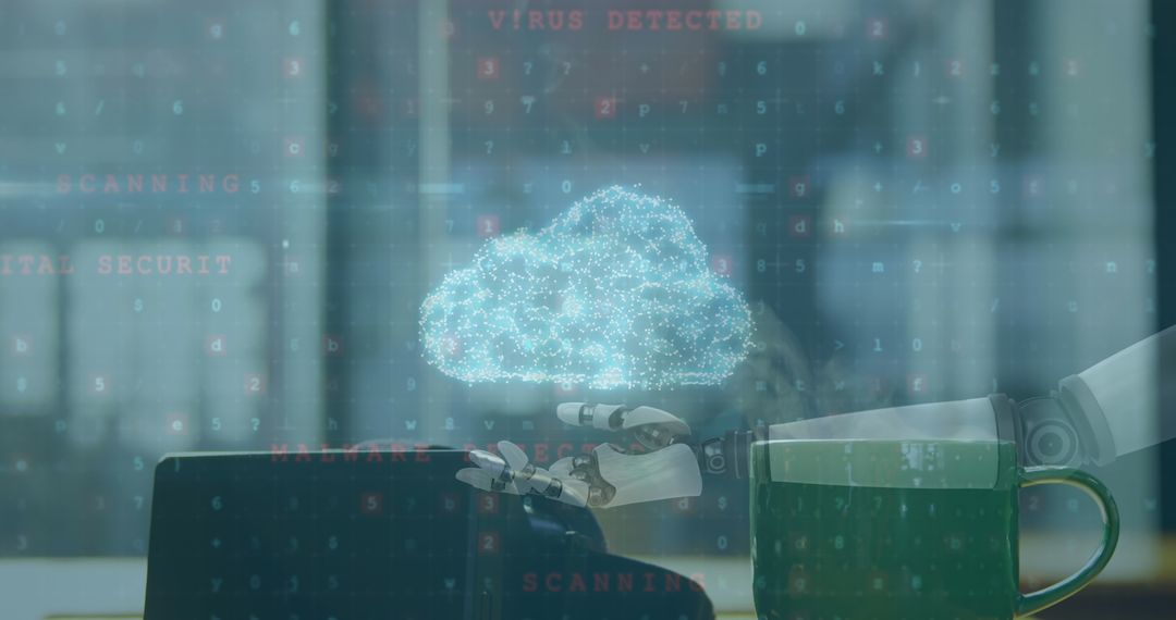 Robotic Hands Processing Cyber Security Data in Futuristic Office