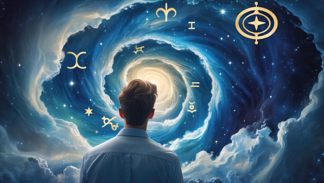 Astrologist gazing into enchanting cosmic vortex with mystical symbols
