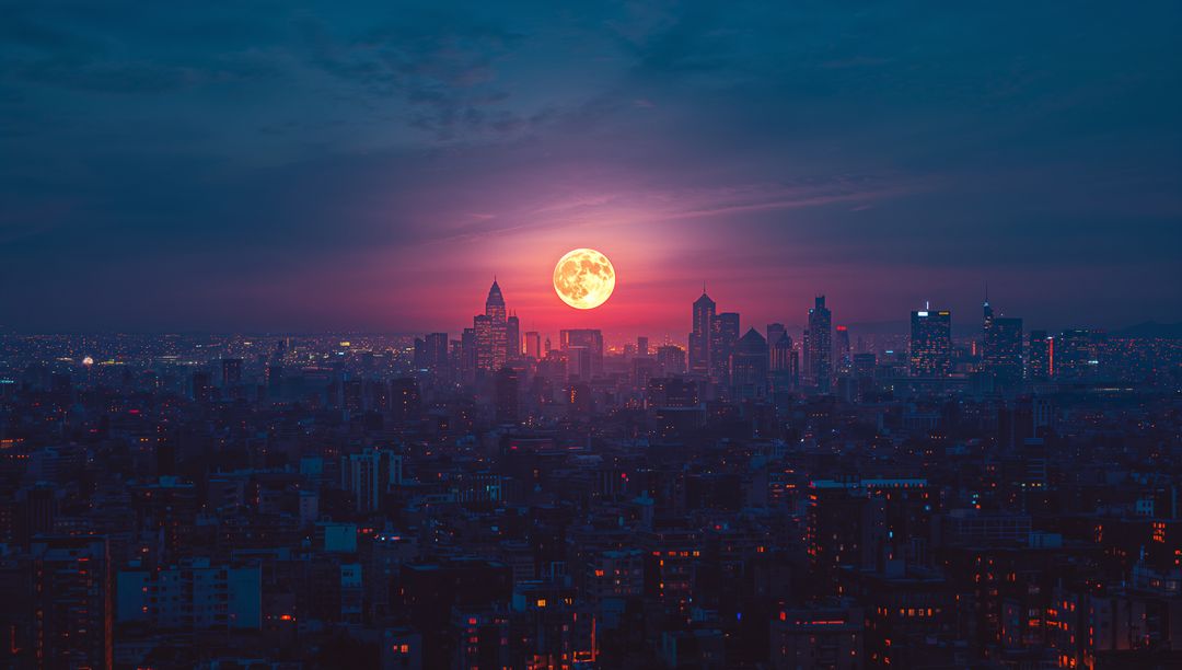 Magnificent Moon Rising Over Vibrant City Skyline