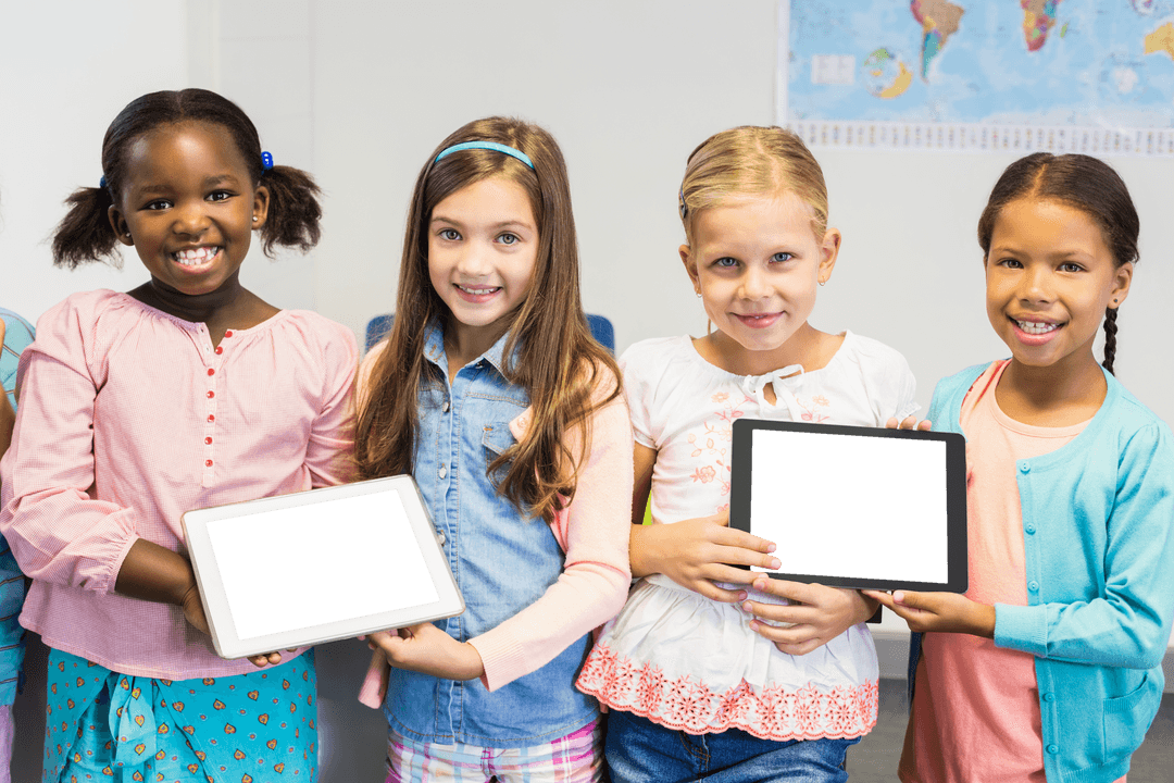 Cheerful Multi-Ethnic Children with Transparent Digital Tablets