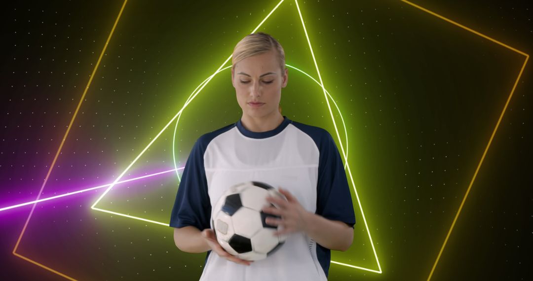 Neon Background Technology Football Player Focused Holding Ball