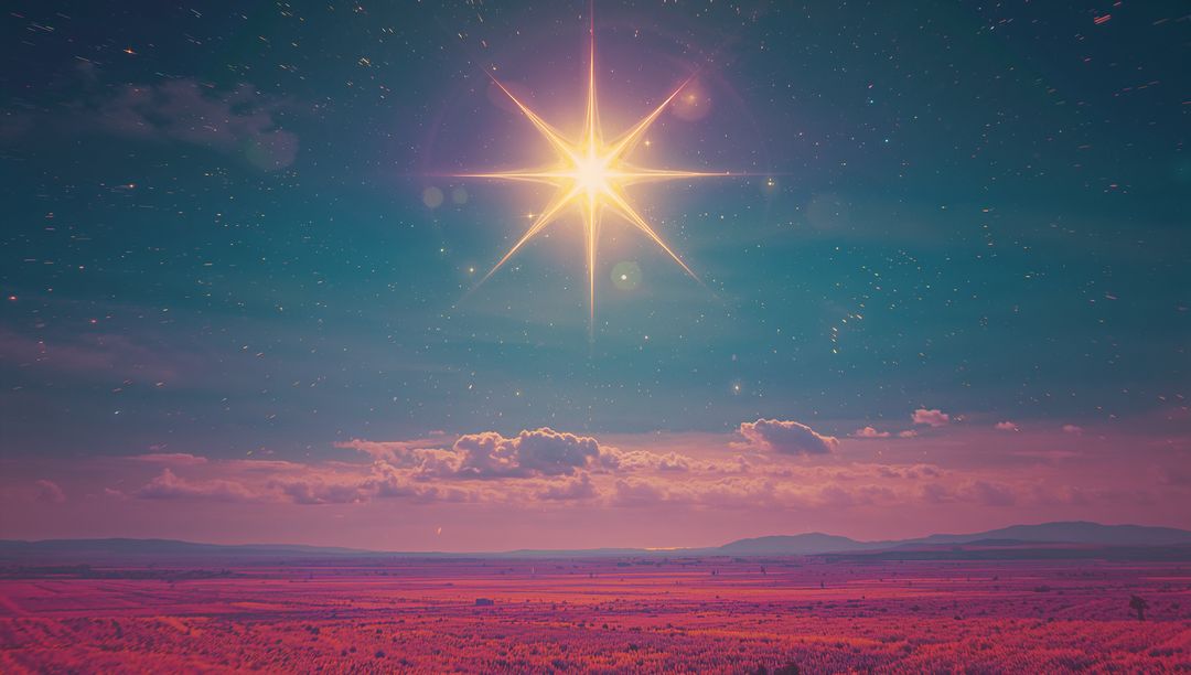 Mystical Star Shining over Fantasy Pink Plain with Celestial Sky