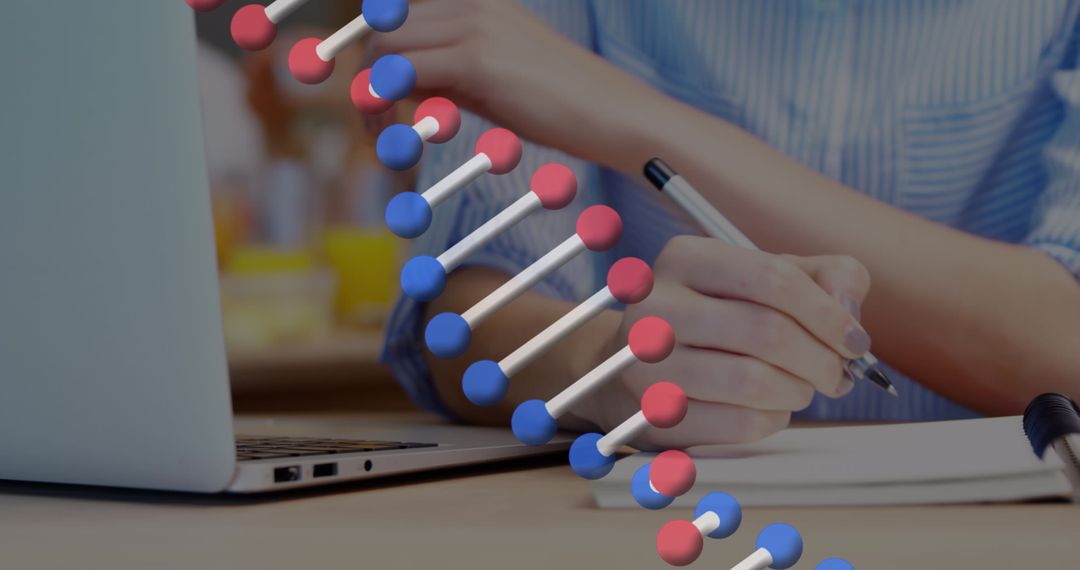 Businesswoman Analyzing DNA Data with Laptop and Notebook