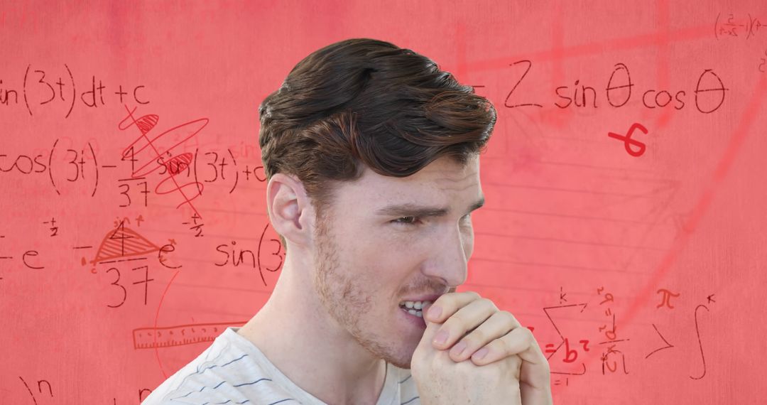 Stressed Student with Math Equations on Paper Background
