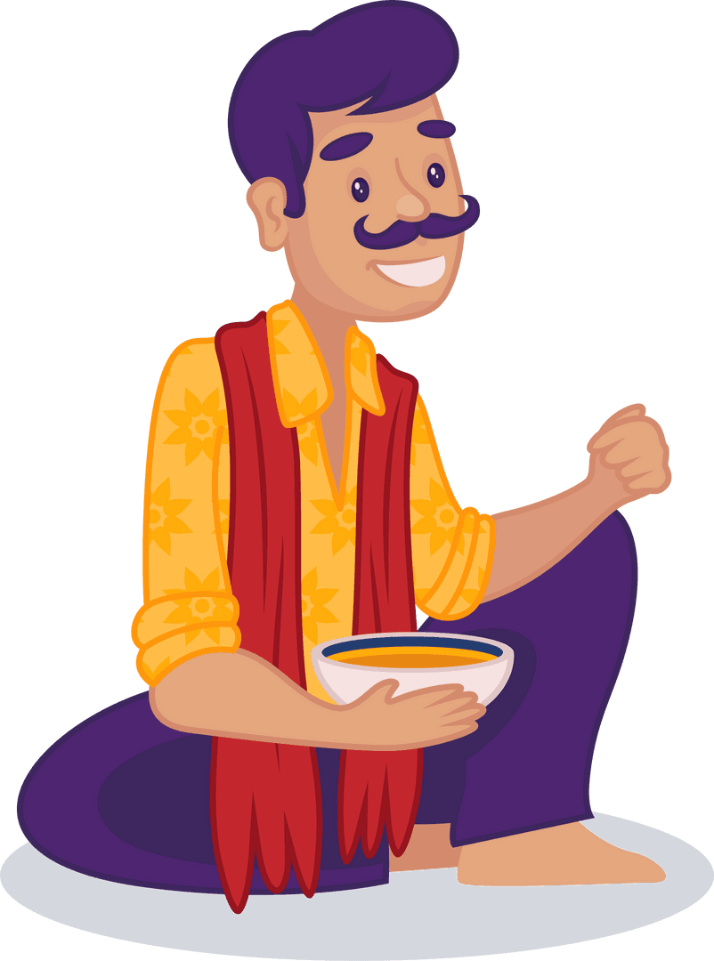 Cartoon Man Sitting with Bowl of Soup on Transparent Background