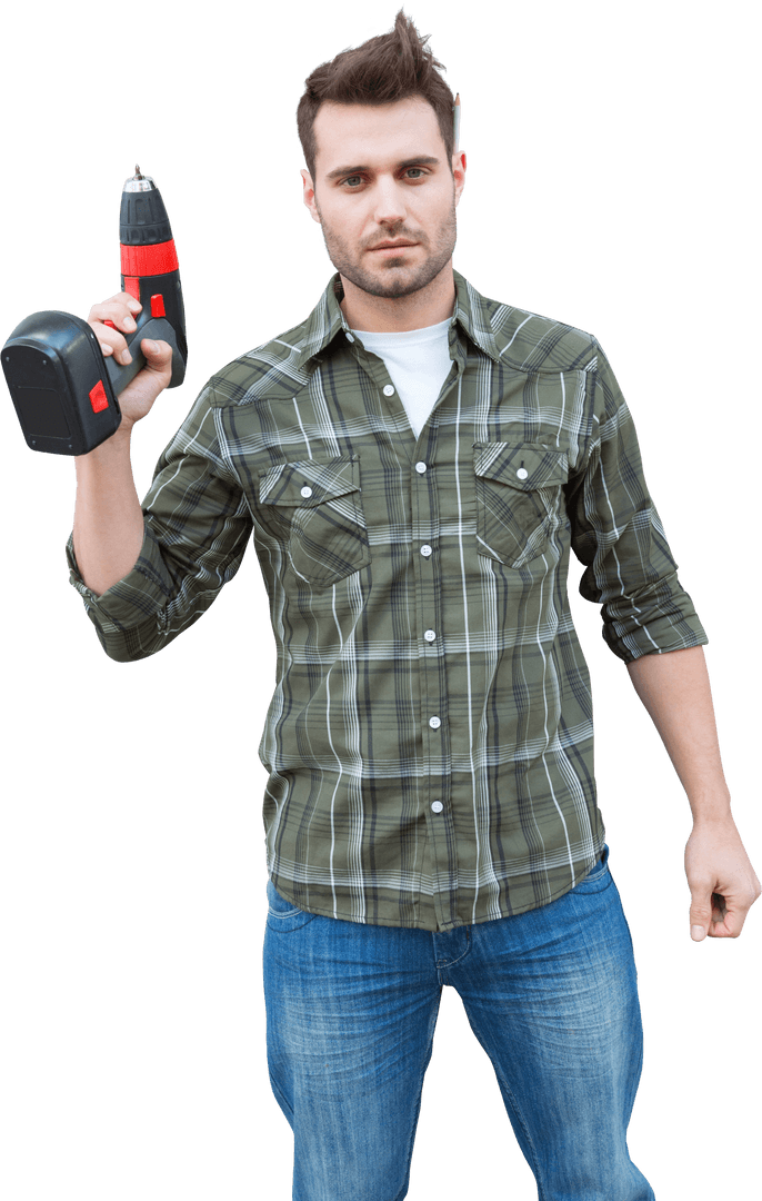 Caucasian Man Holding Drill on Transparent Background