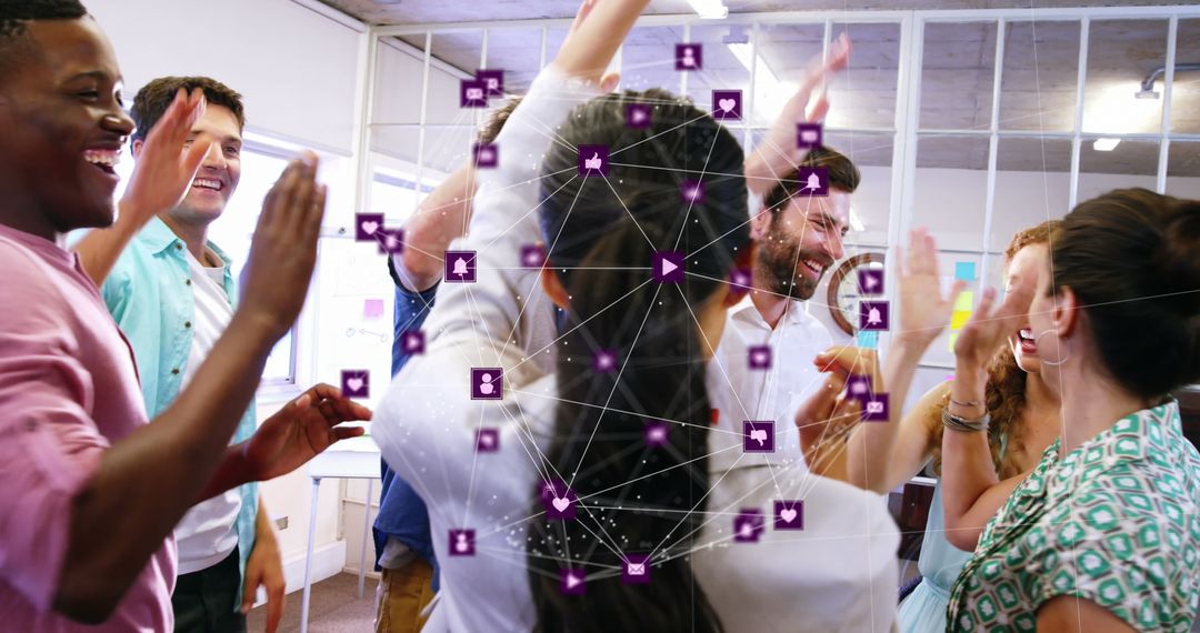 Business Team Celebrating with Digital Network Overlay