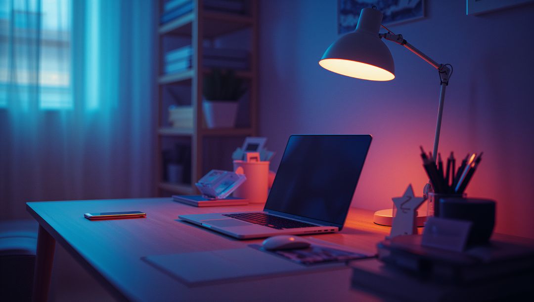 Cozy Home Office Workspace with Warm Lighting and Open Laptop