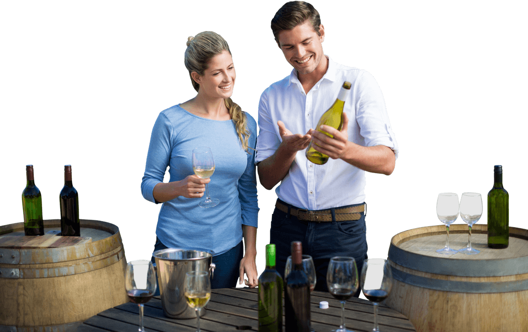 Smiling Couple Holding Wine Bottle Over Barrels on Transparent Background