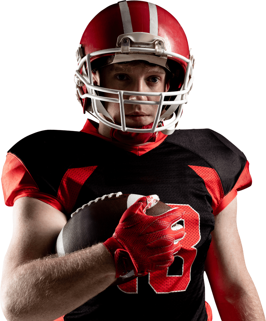 Transparent Young Football Player Holding Rugby Ball with Determined Gaze