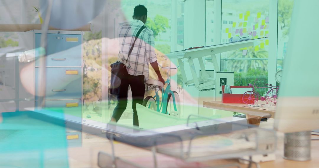 Man with Bicycle Entering Modern Hybrid Workspace