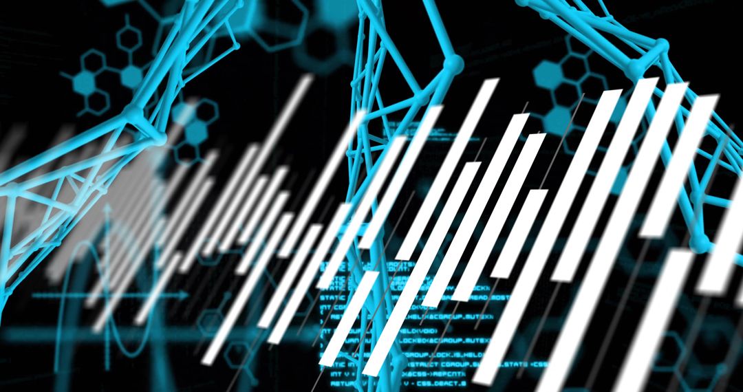 Neon Datawave Graphic with Cyan Molecular Helix and Vertical Signal Bars for Tech Visuals