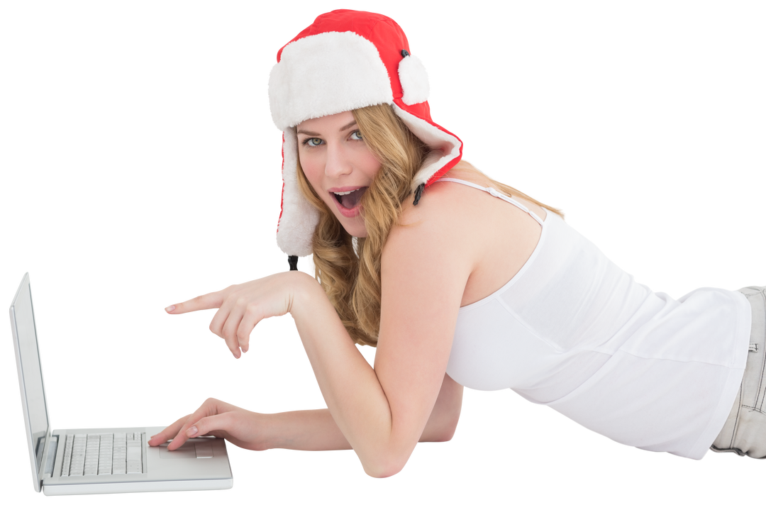 Excited Young Woman in Santa Hat Using Laptop with Transparent Background - Download Free Stock Images Pikwizard.com